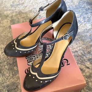 Crown Vintage Black and Cream T-Strap Heels
